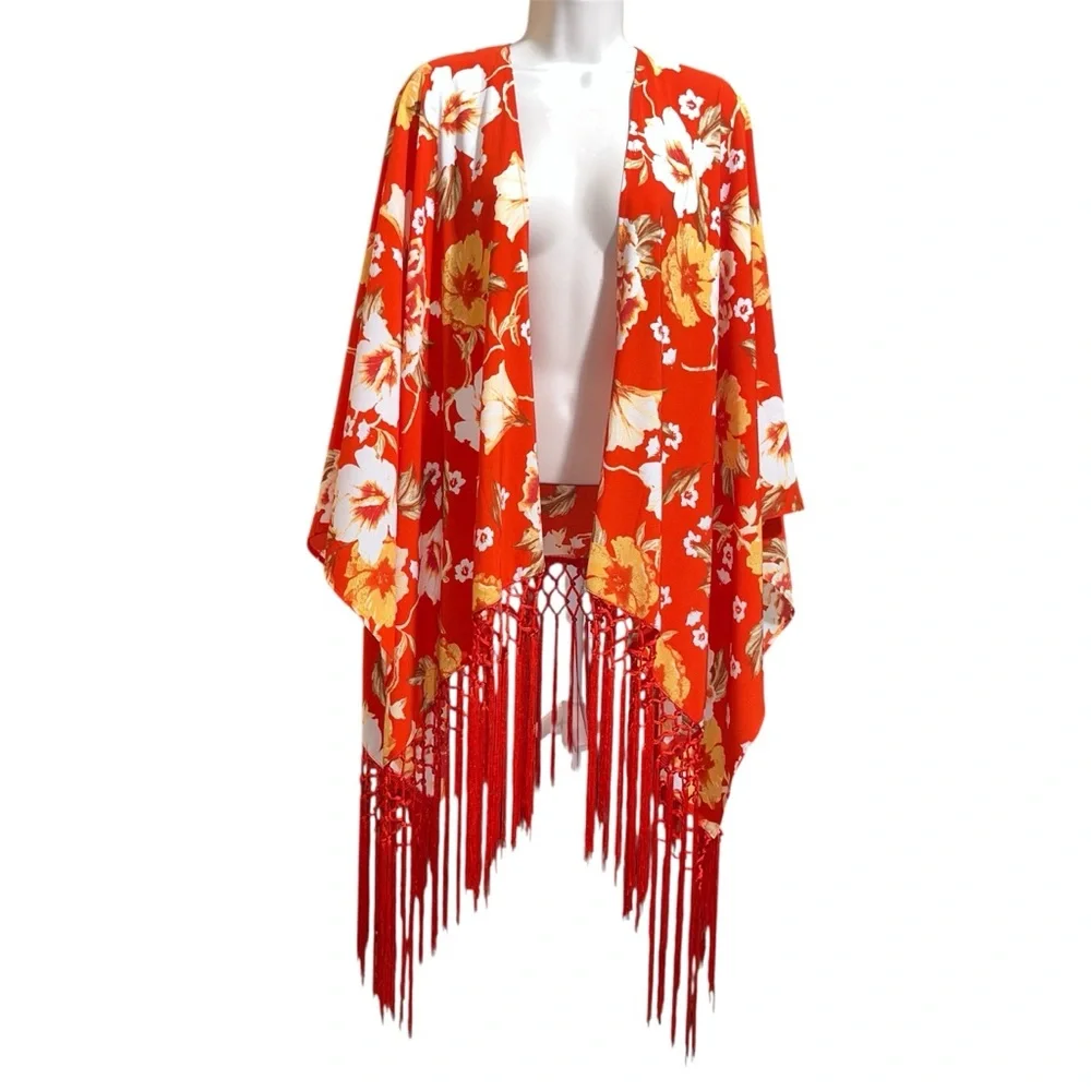 Diane Gilman Red Floral Fringe Kimono Cover-Up Red XS/S NWT